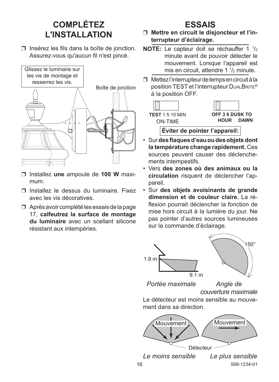 Complétez l'installation, Essais | Desa DUALBRITE 4291 User Manual | Page 16 / 20