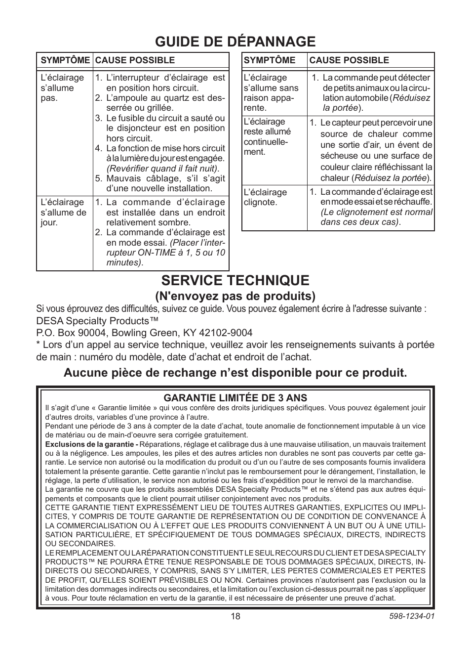 Guide de dépannage, Service technique, N'envoyez pas de produits) | Desa DUALBRITE 4291 User Manual | Page 18 / 20
