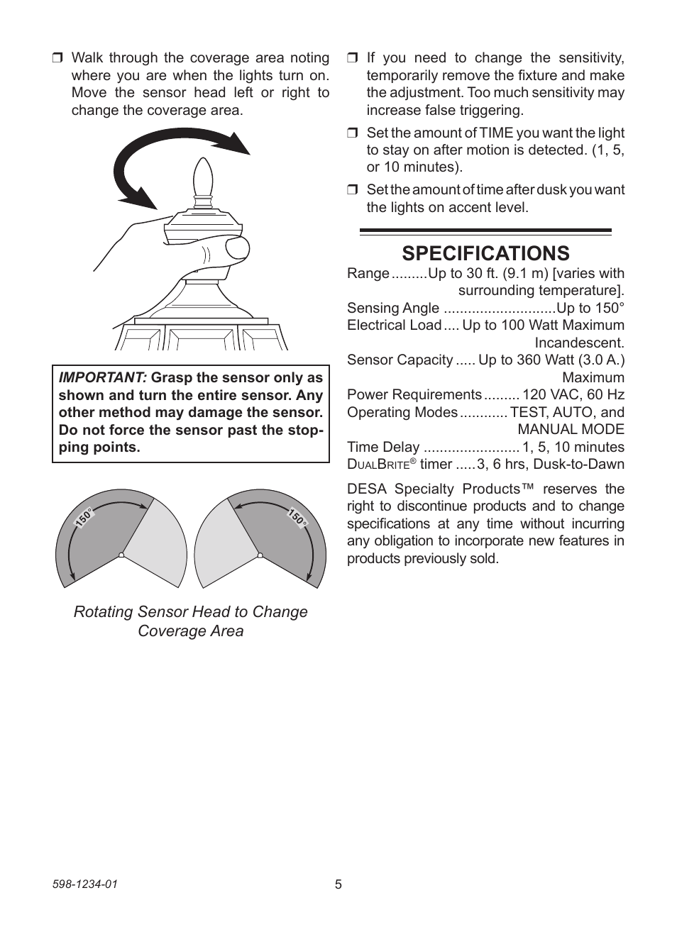 Specifications | Desa DUALBRITE 4291 User Manual | Page 5 / 20