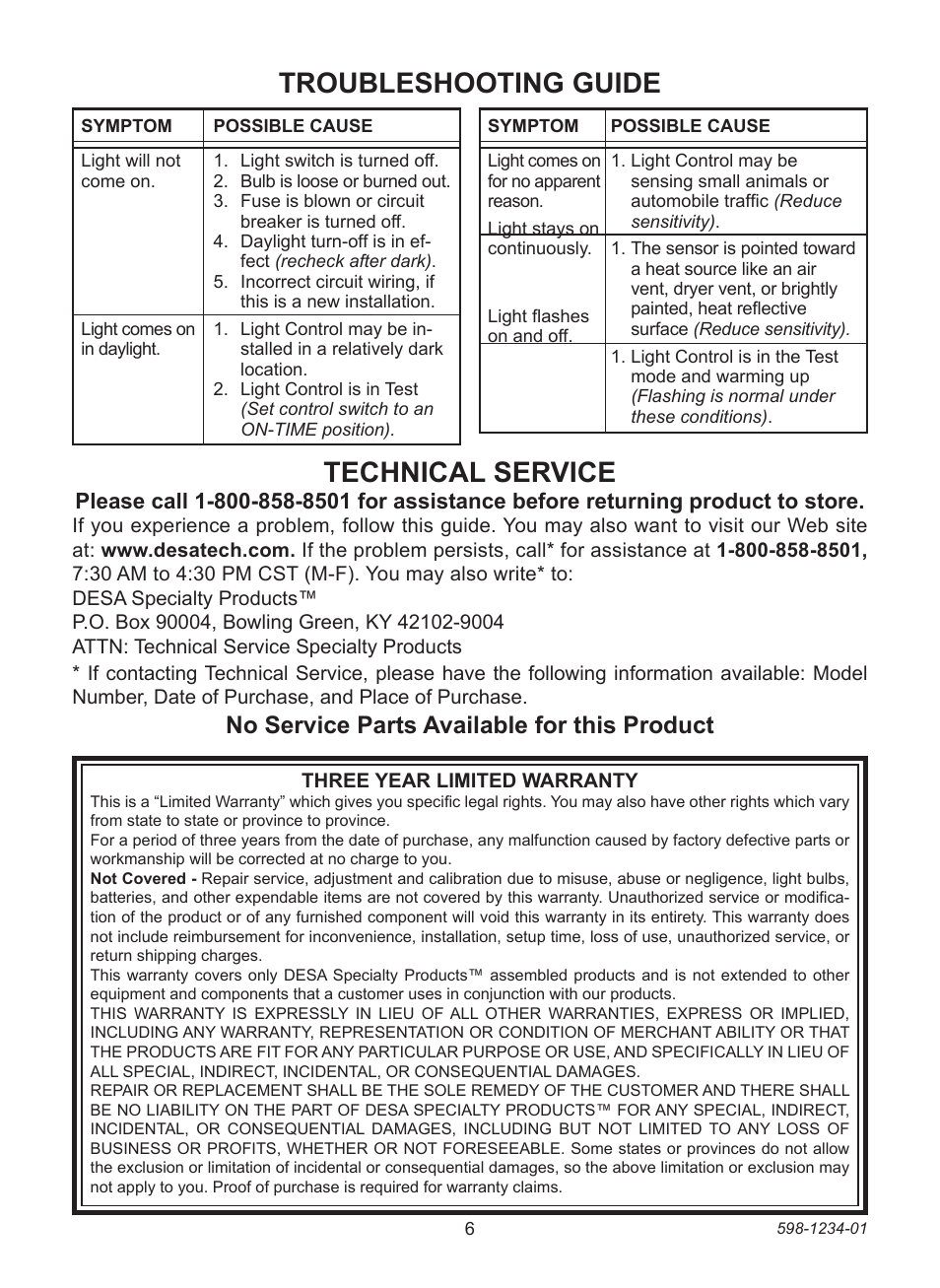 Troubleshooting guide technical service, No service parts available for this product | Desa DUALBRITE 4291 User Manual | Page 6 / 20
