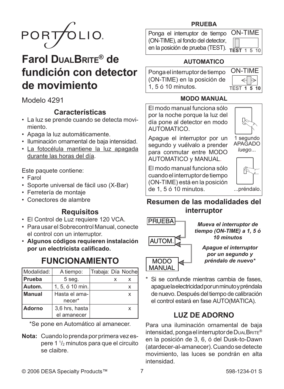 Farol d, De fundición con detector de movimiento, Funcionamiento | Rite, Luz de adorno, Características, Requisitos, Resumen de las modalidades del interruptor, Modelo 4291 | Desa DUALBRITE 4291 User Manual | Page 7 / 20