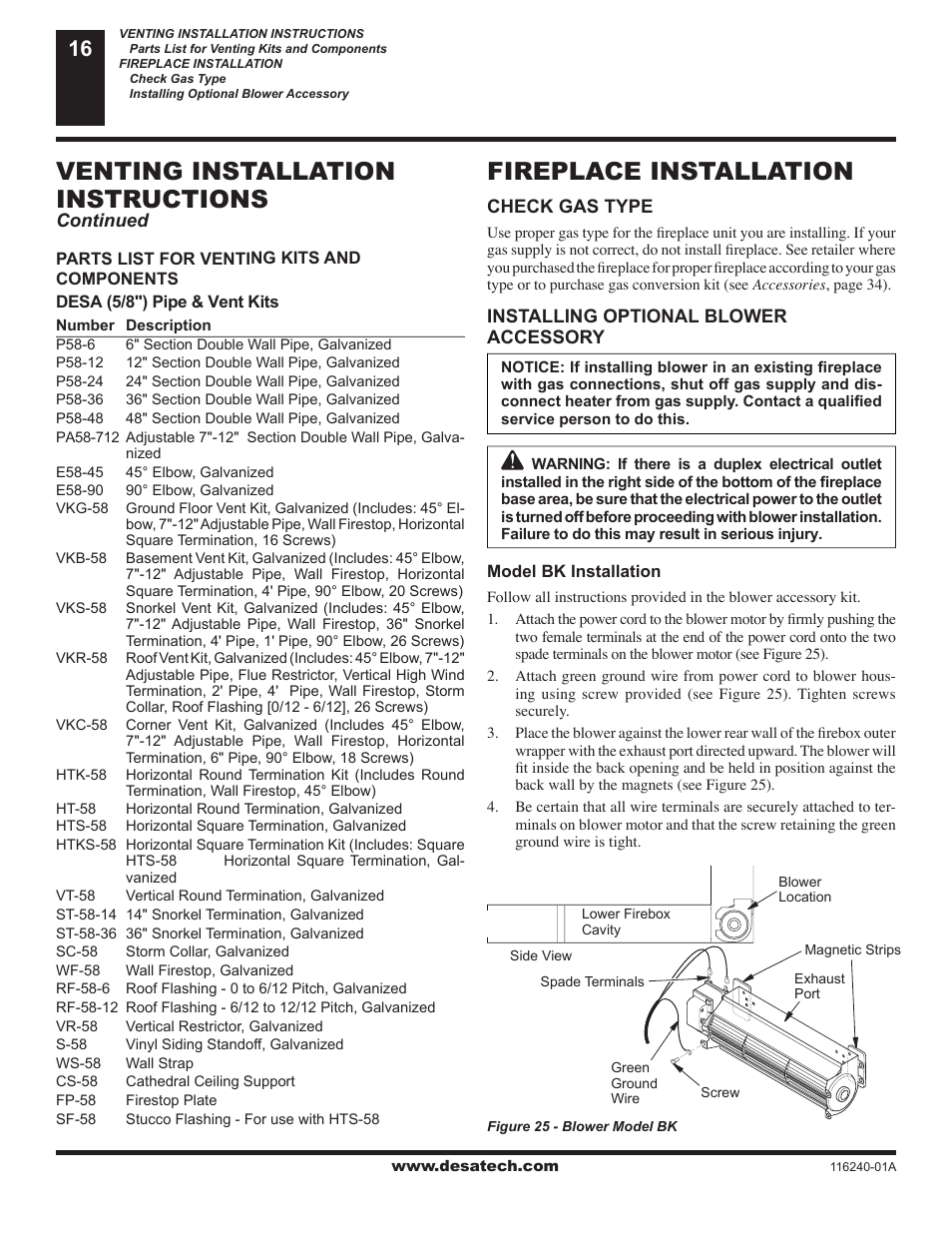 Fireplace installation, Venting installation instructions | Desa (V)KC42NE Series User Manual | Page 16 / 38