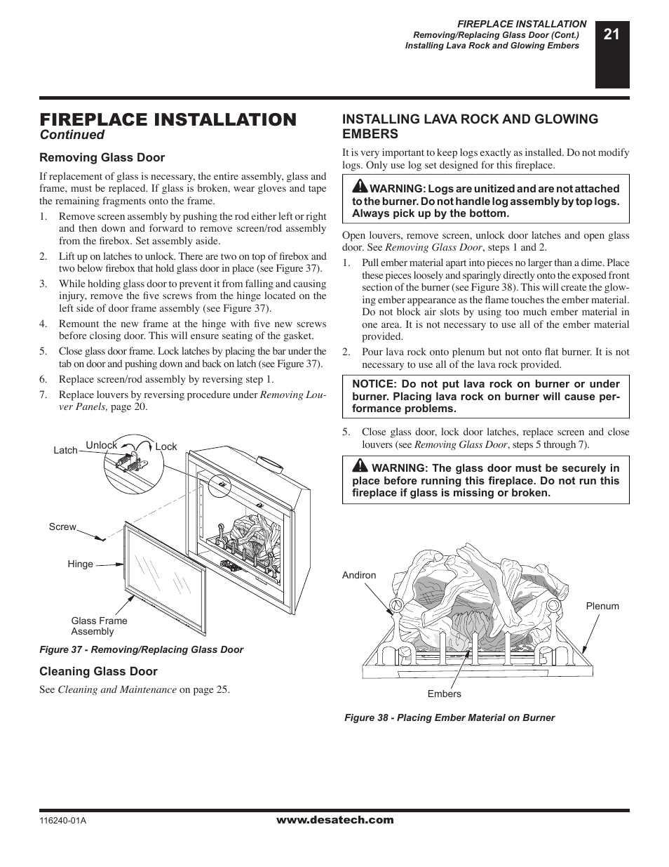 Fireplace installation | Desa (V)KC42NE Series User Manual | Page 21 / 38