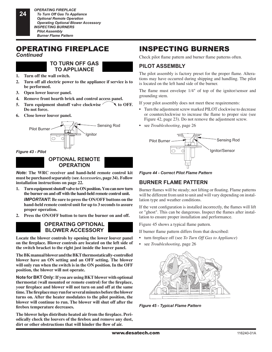 Inspecting burners, Operating fireplace | Desa (V)KC42NE Series User Manual | Page 24 / 38