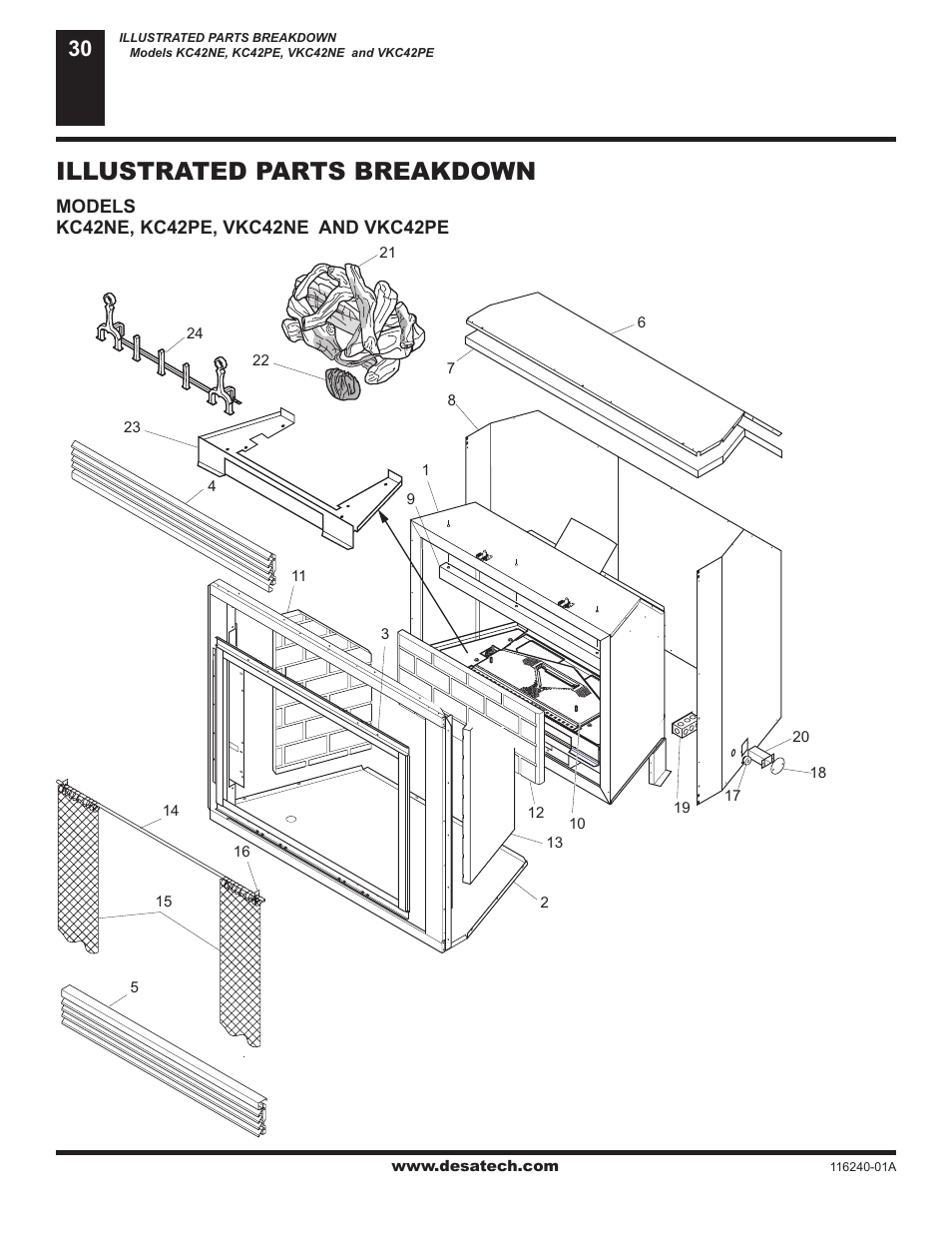 Illustrated parts breakdown and parts list, Illustrated parts breakdown | Desa (V)KC42NE Series User Manual | Page 30 / 38