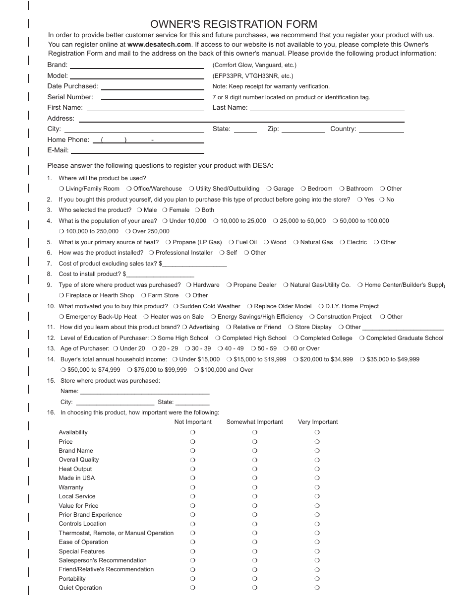 Owner's registration form | Desa (V)KC42NE Series User Manual | Page 35 / 38