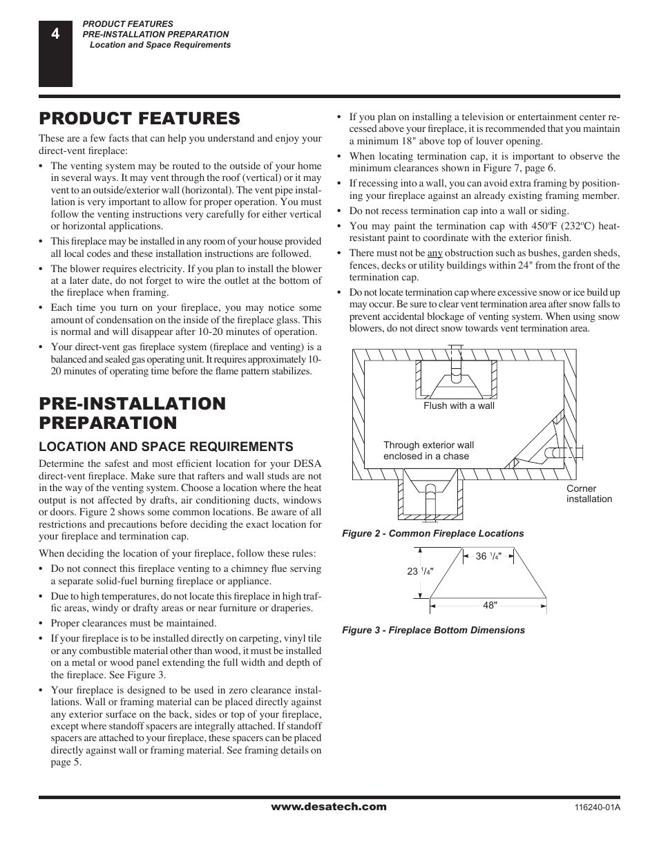 Product features, Pre-installation preparation | Desa (V)KC42NE Series User Manual | Page 4 / 38