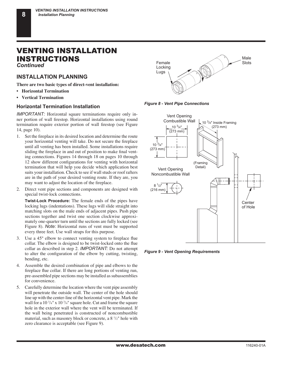 Venting installation instructions, Installation planning, Continued | Horizontal termination installation | Desa (V)KC42NE Series User Manual | Page 8 / 38