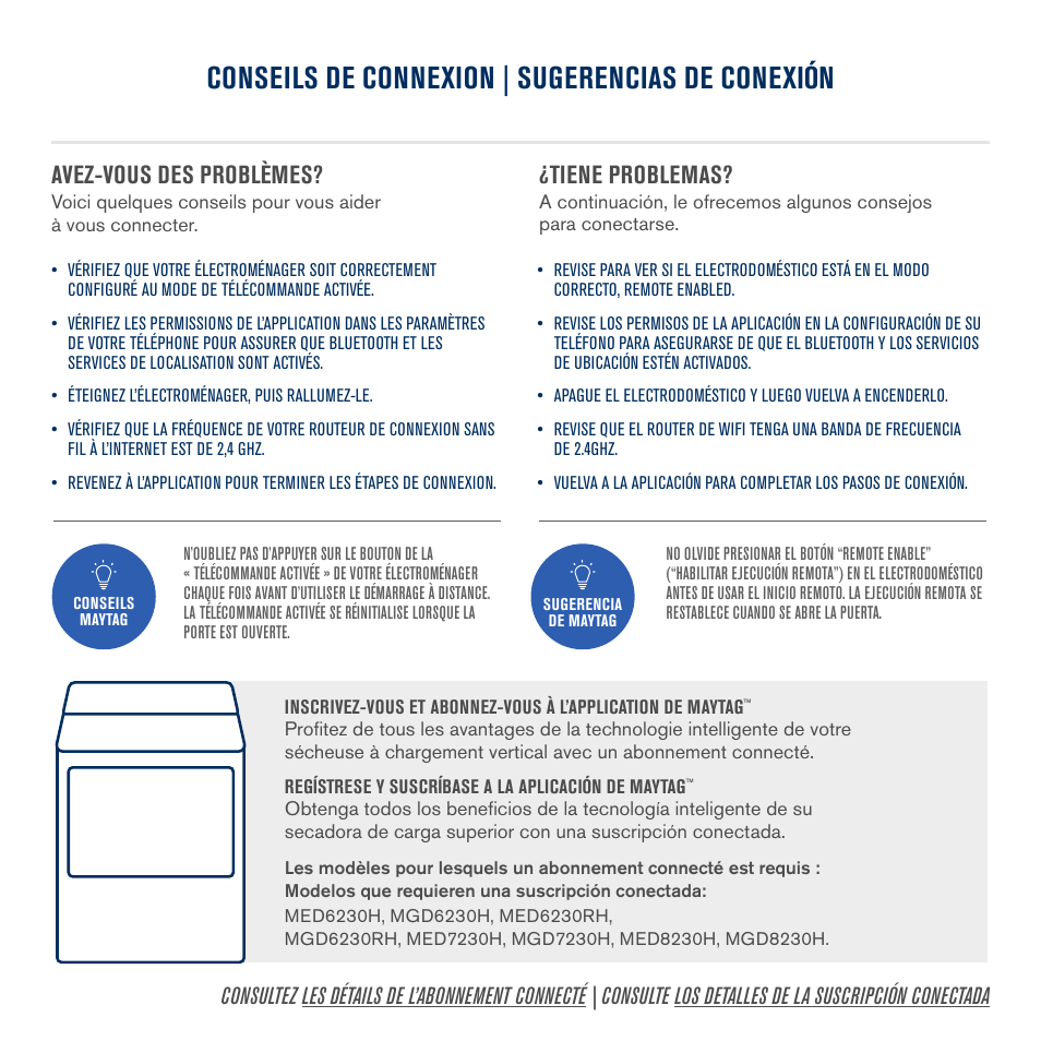 Conseils de connexion | sugerencias de conexión, Avez-vous des problèmes, Tiene problemas | Maytag 27 Inch Electric Smart Dryer Quick Connect Guide User Manual | Page 13 / 14