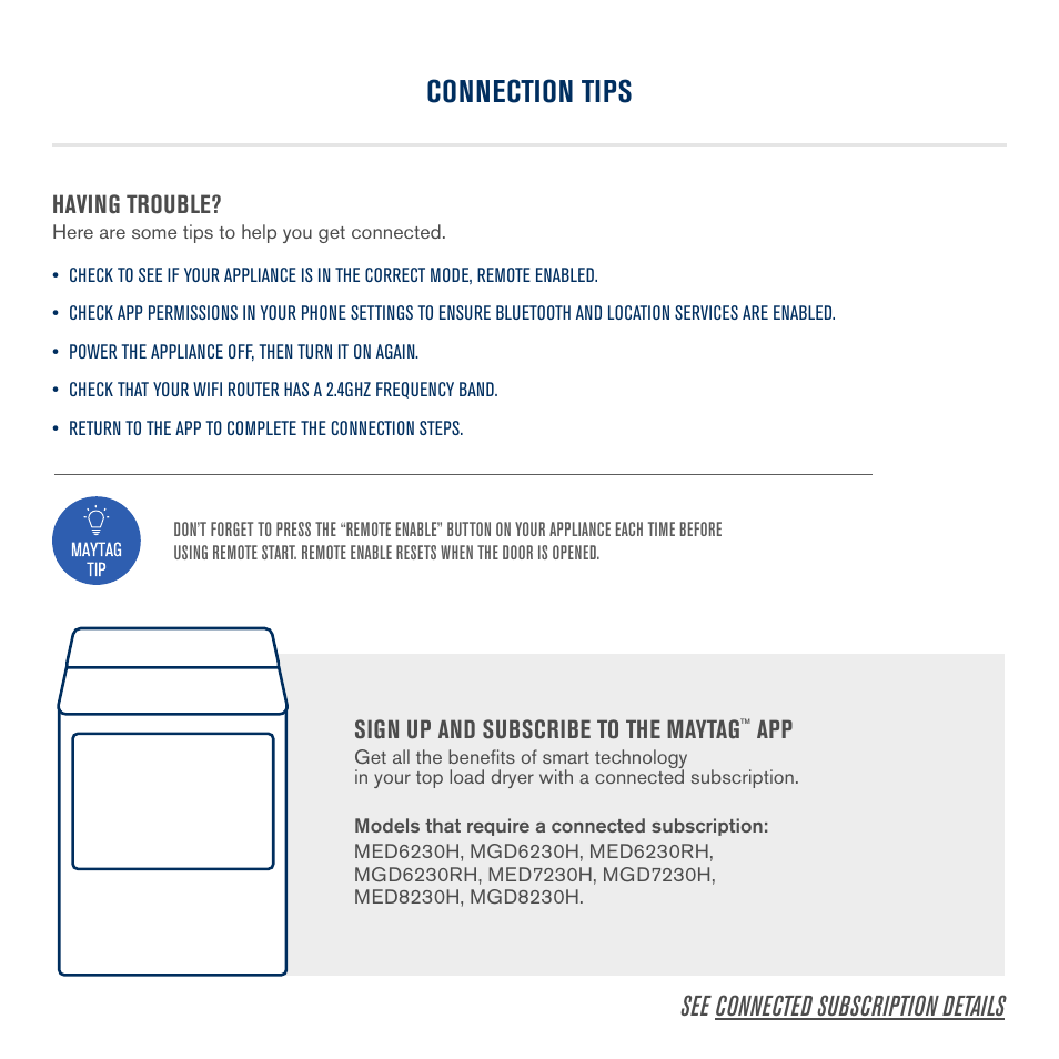 Connection tips, See connected subscription details, Having trouble | Sign up and subscribe to the maytag | Maytag 27 Inch Electric Smart Dryer Quick Connect Guide User Manual | Page 6 / 14