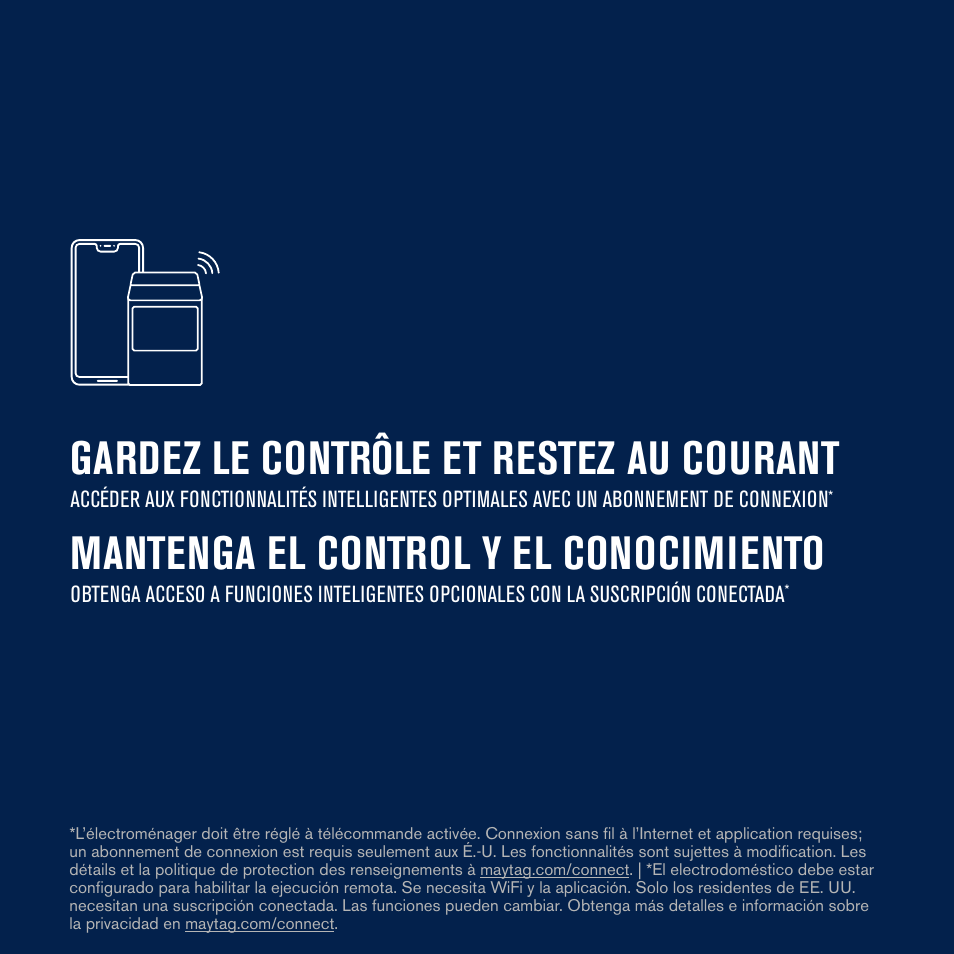 Gardez le contrôle et restez au courant, Mantenga el control y el conocimiento | Maytag 27 Inch Electric Smart Dryer Quick Connect Guide User Manual | Page 9 / 14