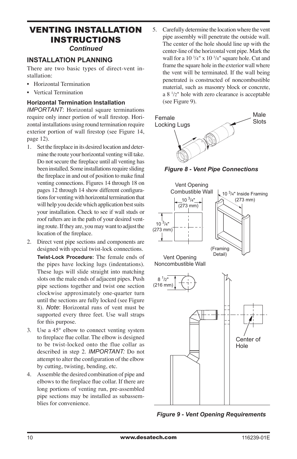 Venting installation instructions, Installation planning, Continued | Desa (V)KC42N Series User Manual | Page 10 / 44