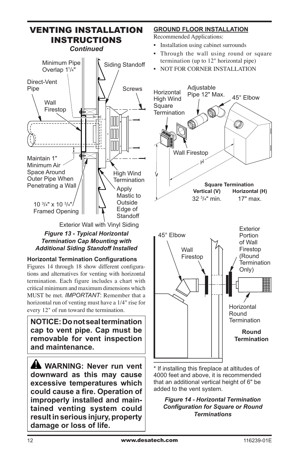 Venting installation instructions | Desa (V)KC42N Series User Manual | Page 12 / 44