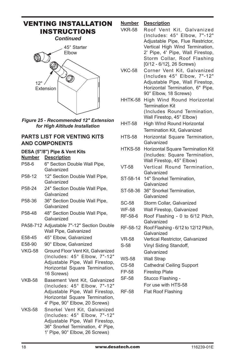 Venting installation instructions | Desa (V)KC42N Series User Manual | Page 18 / 44