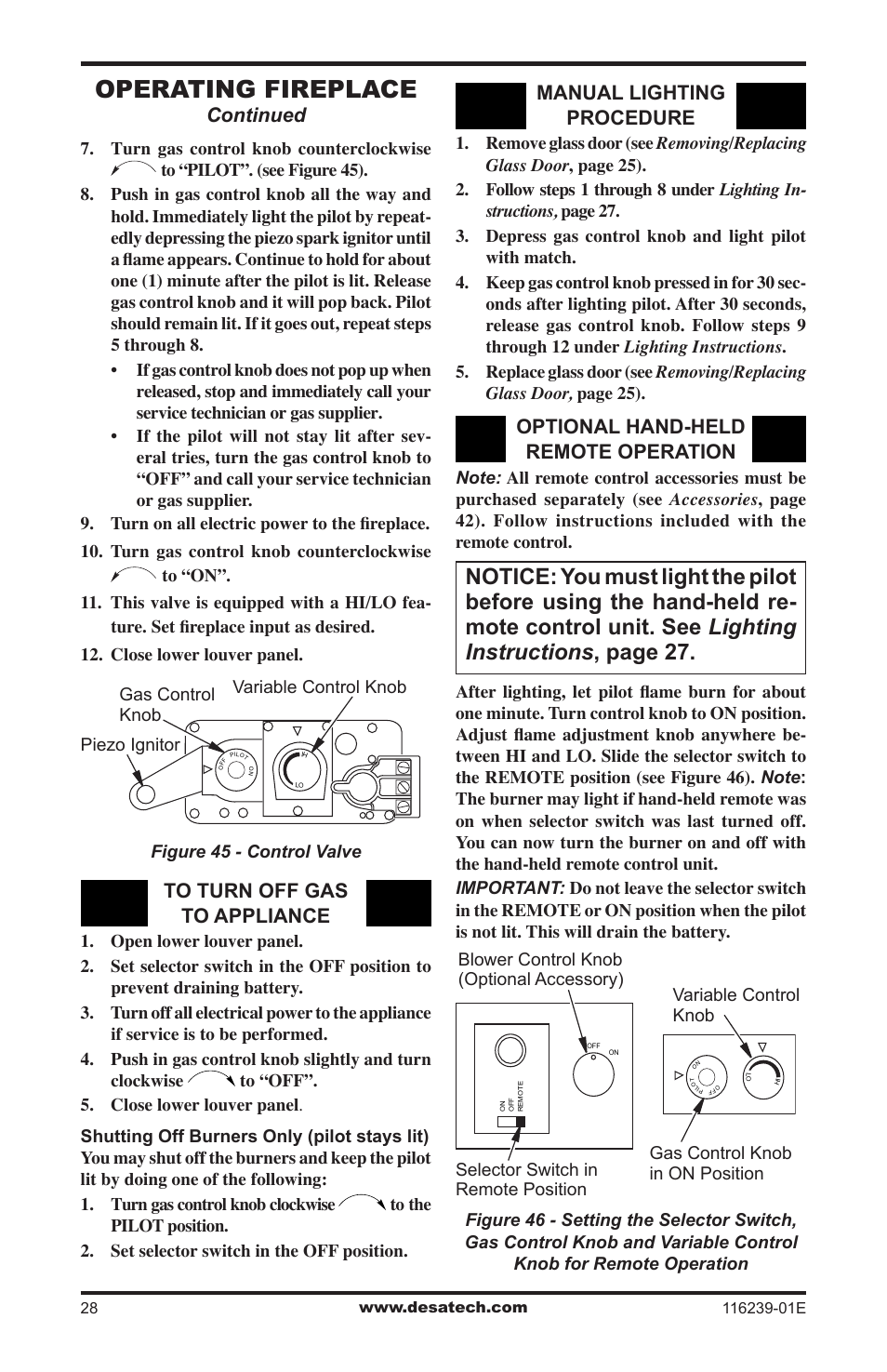 Operating fireplace, Continued, Manual lighting procedure | Optional hand-held remote operation | Desa (V)KC42N Series User Manual | Page 28 / 44