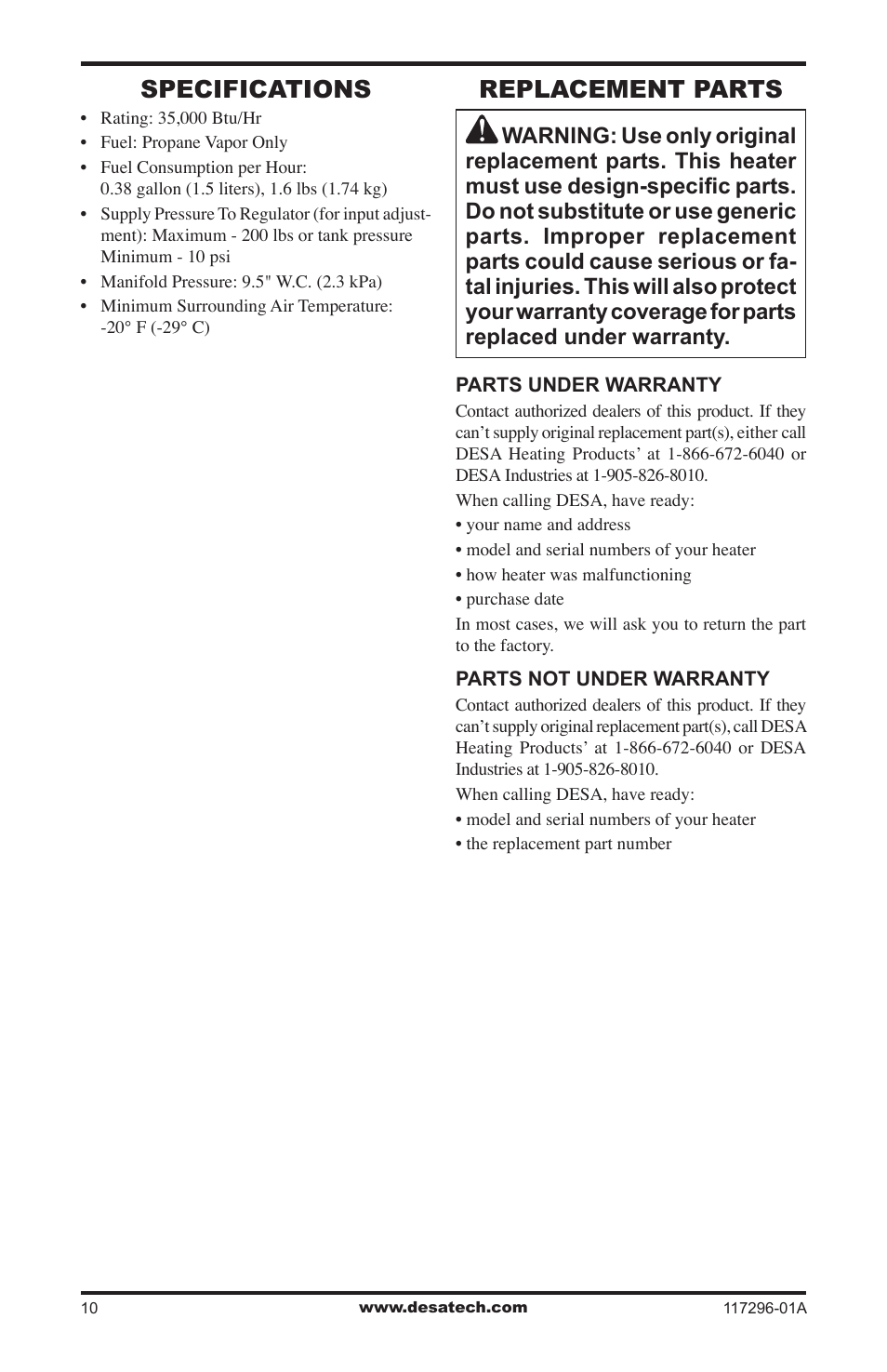 Specifications, Replacement parts | Desa 35-R User Manual | Page 10 / 36
