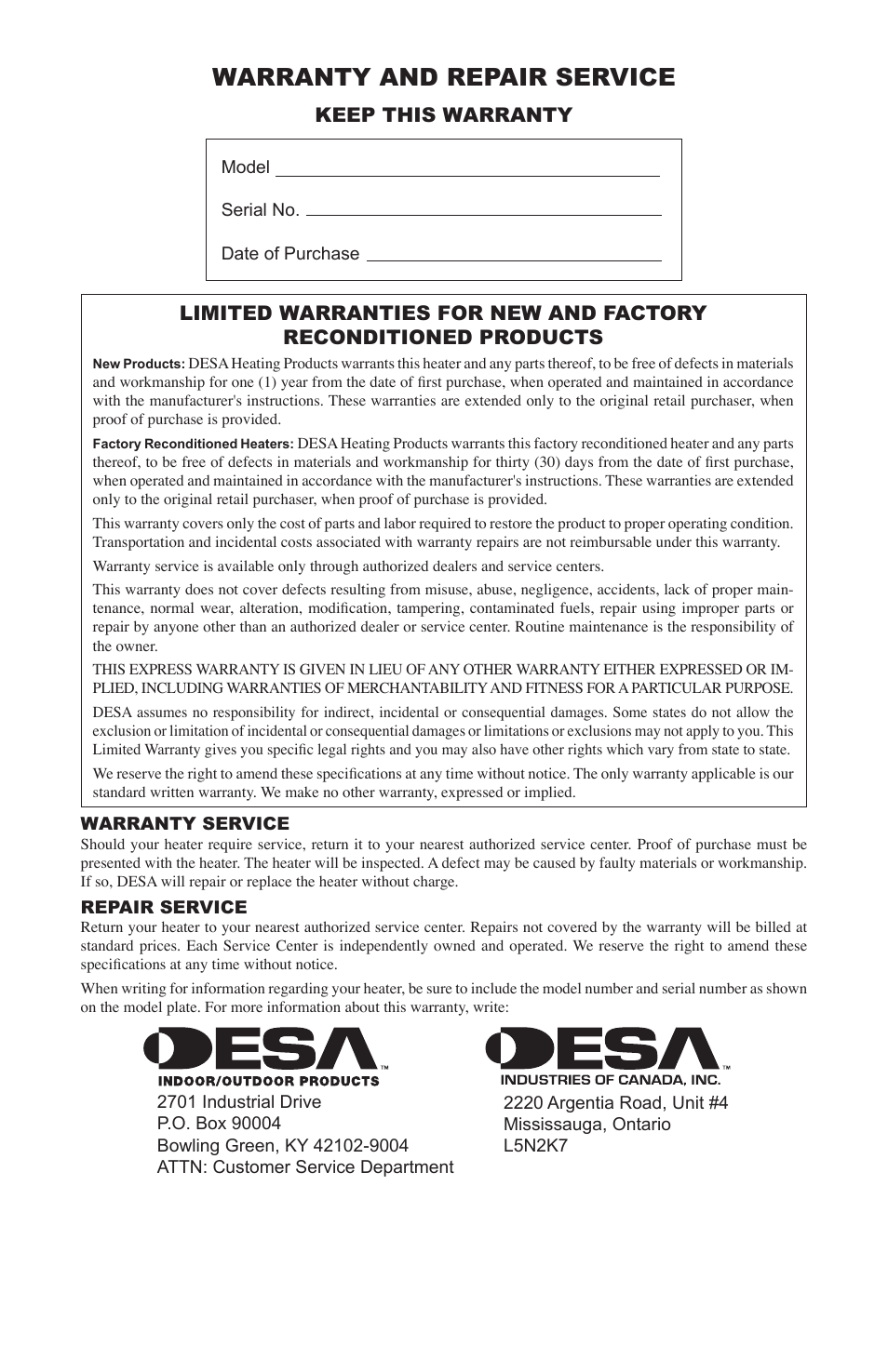 Warranty and repair service, Keep this warranty | Desa 35-R User Manual | Page 12 / 36