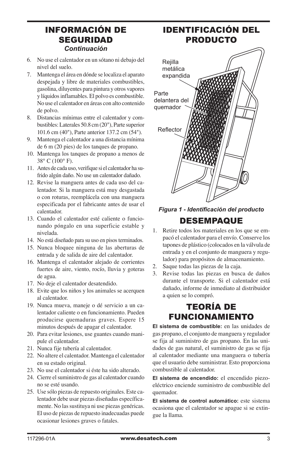 Identificación del producto, Desempaque, Teoría de funcionamiento | Información de seguridad, Identificación del producto desempaque | Desa 35-R User Manual | Page 15 / 36