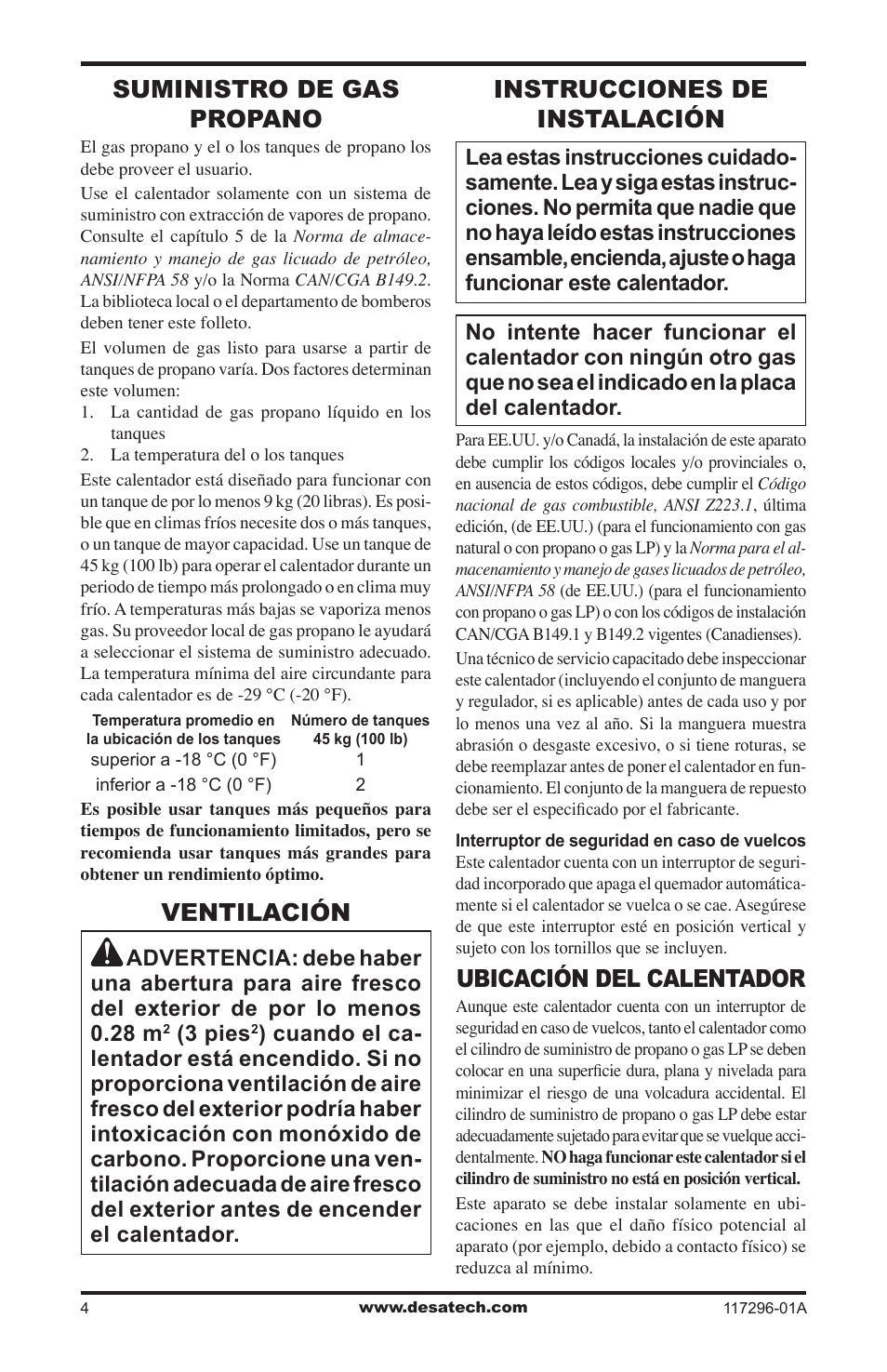 Suministro de gas propano, Ventilación, Instrucciones de instalación | Ubicación del calentador, 3 pies | Desa 35-R User Manual | Page 16 / 36