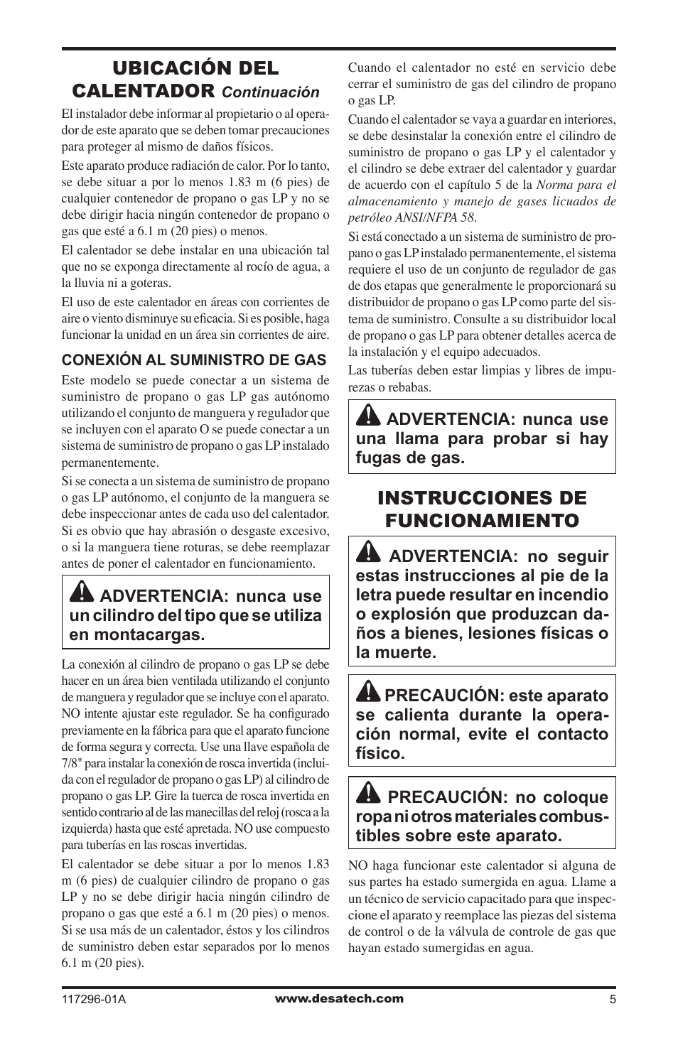 Instrucciones de funcionamiento, Ubicación del calentador | Desa 35-R User Manual | Page 17 / 36