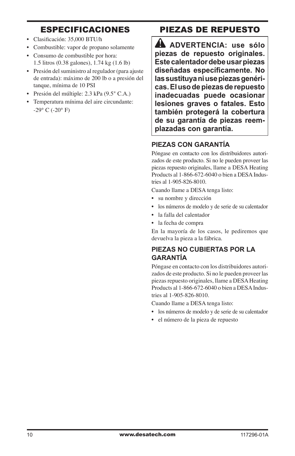 Especificaciones, Piezas de repuesto | Desa 35-R User Manual | Page 22 / 36