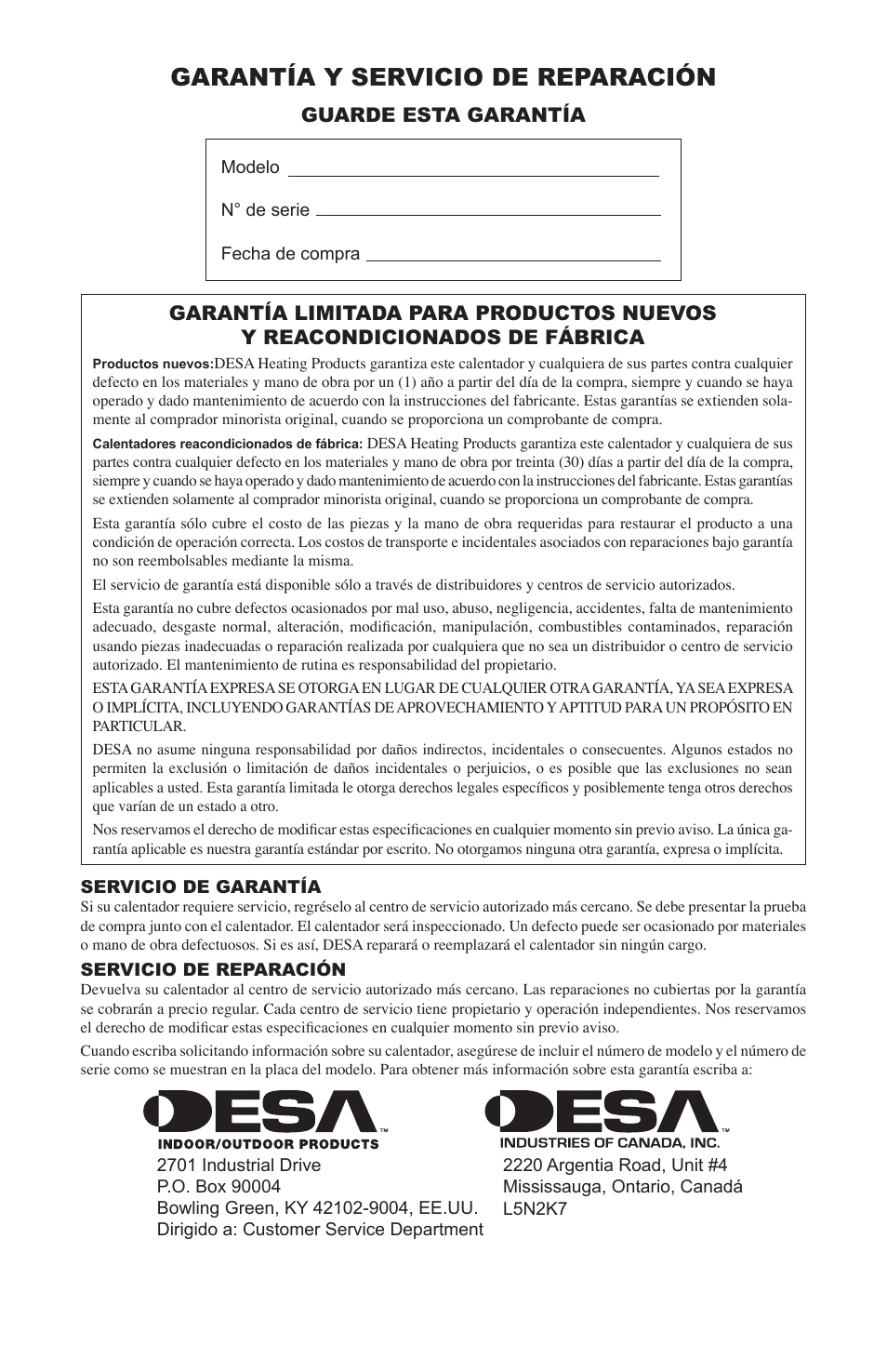 Garantía y servicio de reparación, Guarde esta garantía | Desa 35-R User Manual | Page 24 / 36
