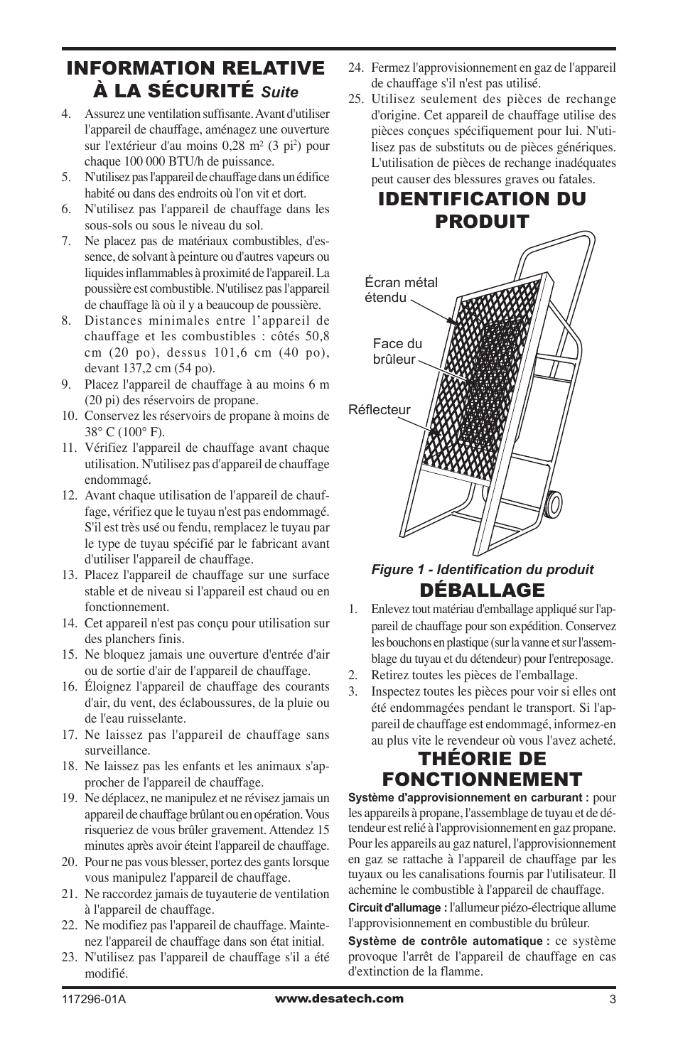 Identification du produit, Déballage, Théorie de fonctionnement | Information relative à la sécurité, Identification du produit déballage | Desa 35-R User Manual | Page 27 / 36