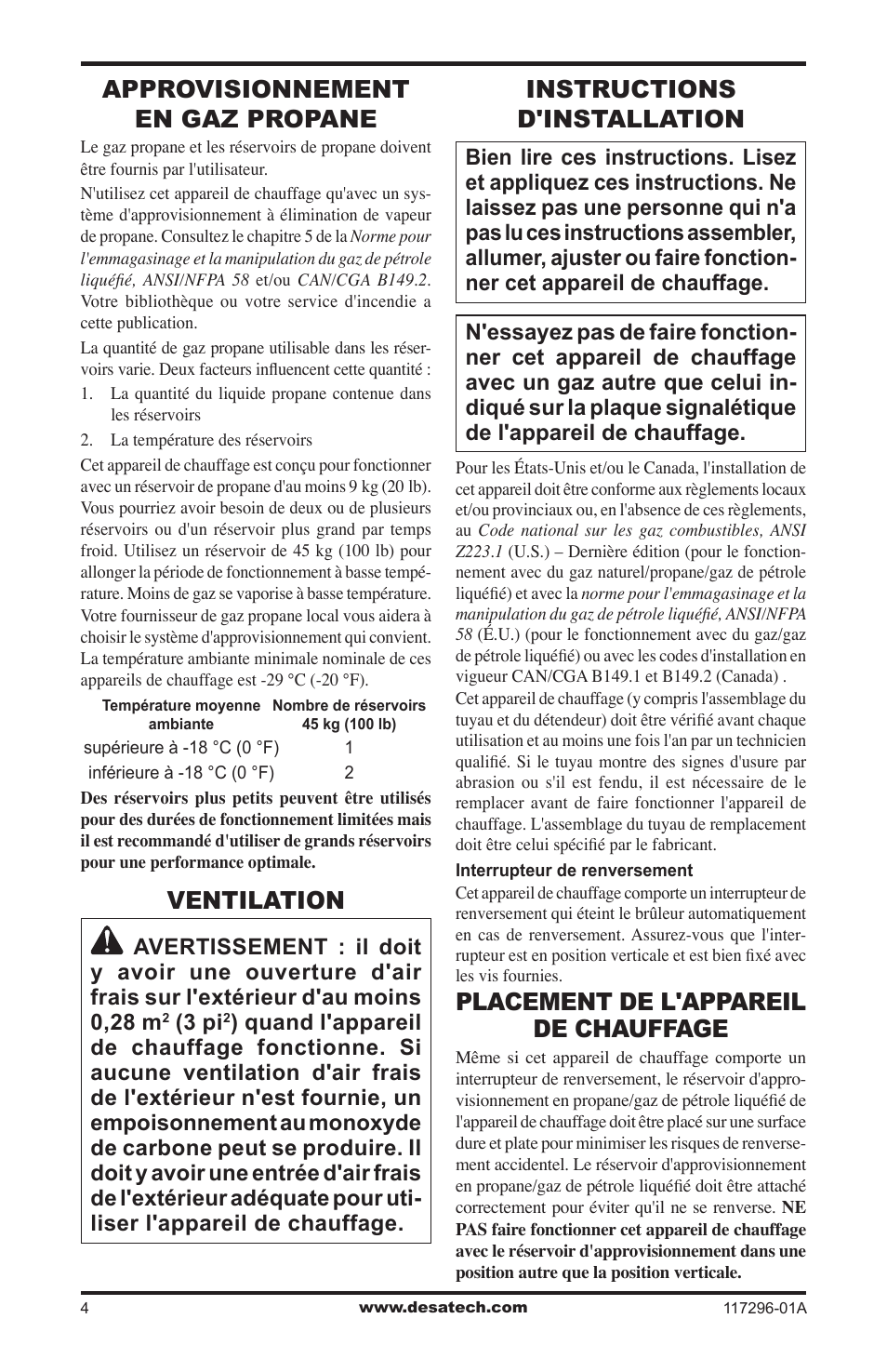 Approvisionnement en gaz propane, Ventilation, Instructions d'installation | Placement de l'appareil de chauffage, 3 pi | Desa 35-R User Manual | Page 28 / 36