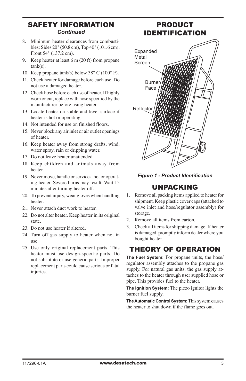 Product identification, Unpacking, Theory of operation | Safety information, Product identification unpacking | Desa 35-R User Manual | Page 3 / 36
