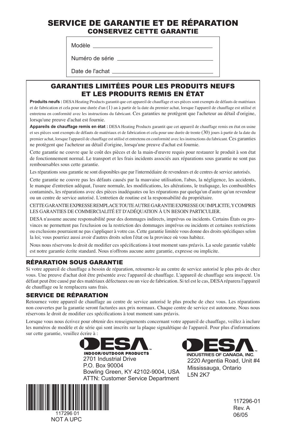 Service de garantie et de réparation, Conservez cette garantie | Desa 35-R User Manual | Page 36 / 36