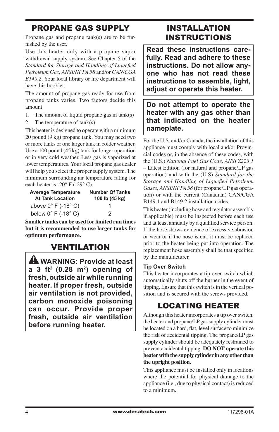 Propane gas supply, Ventilation, Installation instructions | Locating heater, Warning: provide at least a 3 ft, 28 m | Desa 35-R User Manual | Page 4 / 36