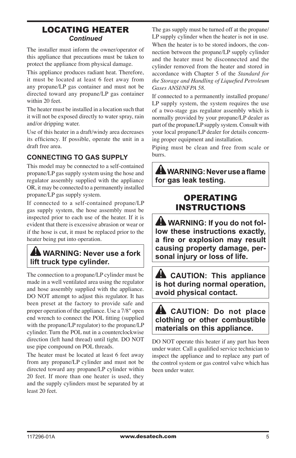 Operating instructions, Locating heater, Warning: never use a fork lift truck type cylinder | Warning: never use a ﬂame for gas leak testing | Desa 35-R User Manual | Page 5 / 36