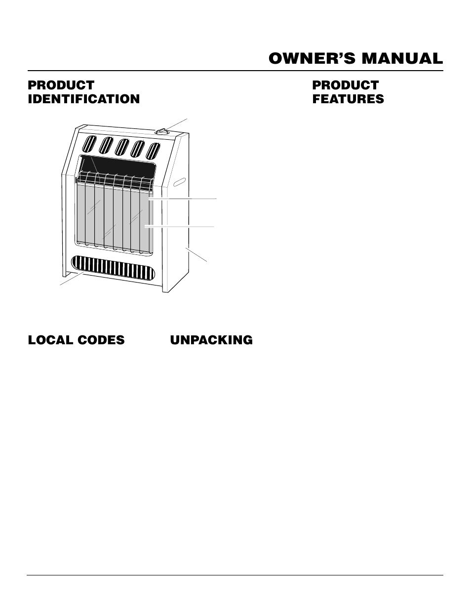Owner’s manual, Product identification, Local codes | Unpacking, Product features | Desa FB-60BA User Manual | Page 3 / 26