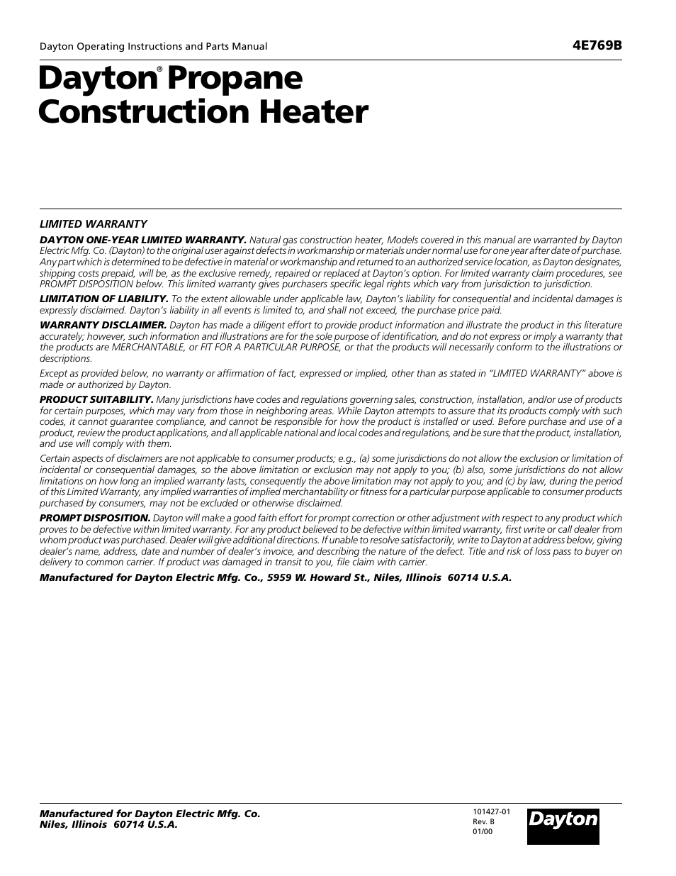 Dayton propane construction heater, 4e769b | Desa 4E769B User Manual | Page 16 / 16