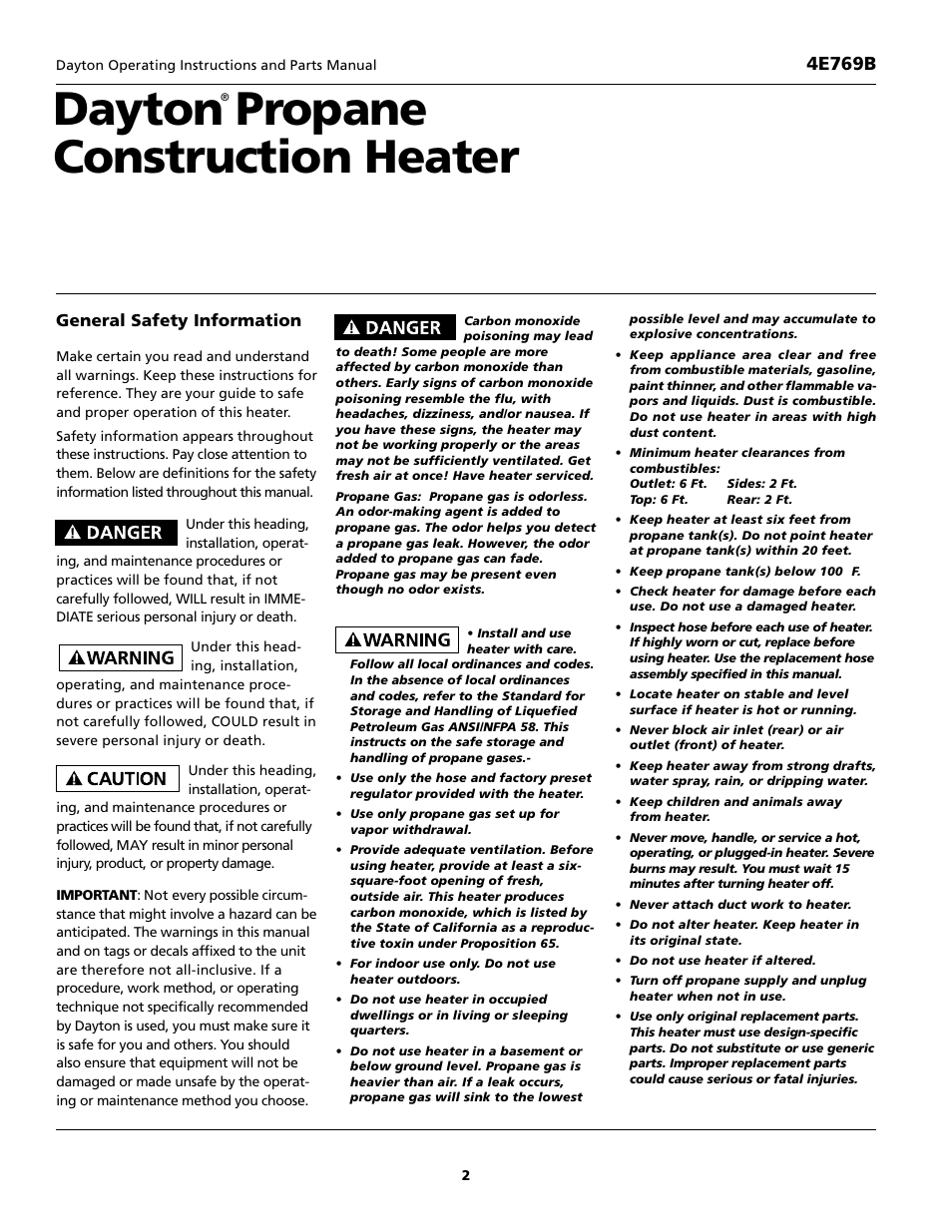 Dayton propane construction heater, 4e769b, General safety information | Desa 4E769B User Manual | Page 2 / 16