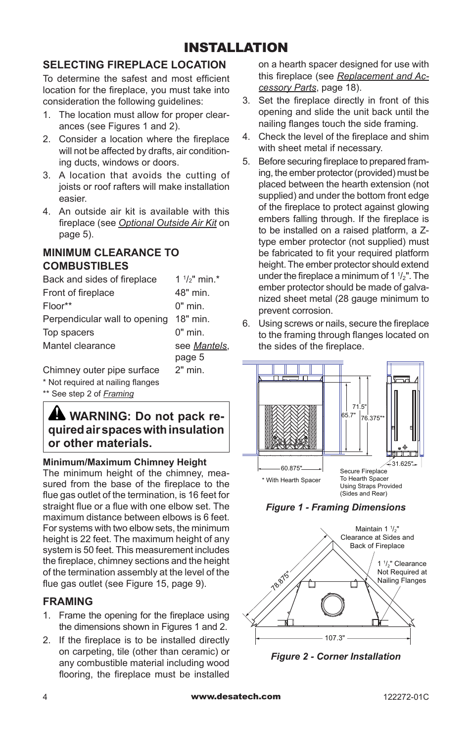 Installation, Selecting fireplace location, Minimum clearance to combustibles | Framing | Desa F48H(i)(R) User Manual | Page 4 / 20