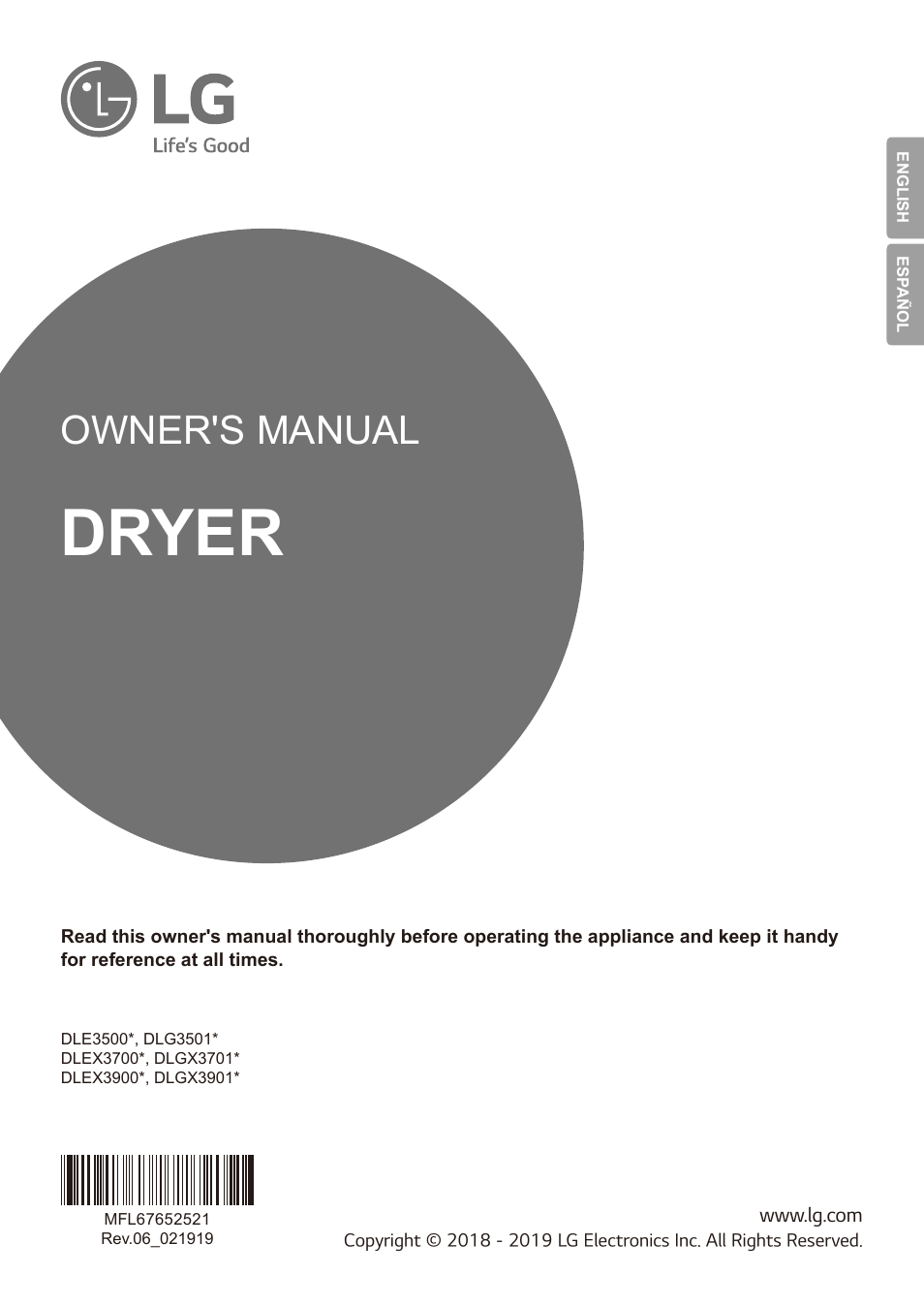 LG TurboSteam Series 27 Inch Electric Dryer User Manual and Installation Guide User Manual | 124 pages