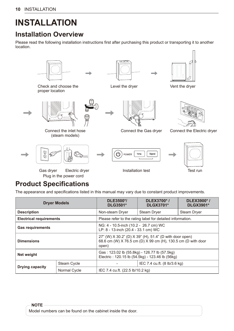 Installation, Installation overview, Product specifications | 10 installation, 10 installation overview 10 product specifications | LG TurboSteam Series 27 Inch Electric Dryer User Manual and Installation Guide User Manual | Page 10 / 124