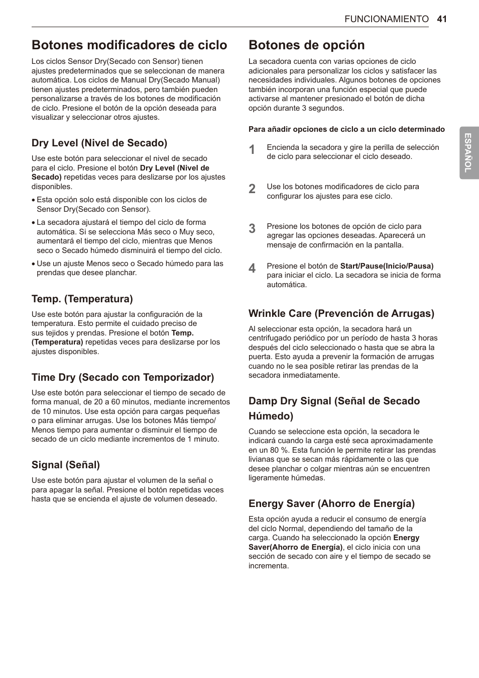 Botones modificadores de ciclo, Botones de opción, Dry level (nivel de secado) | Temp. (temperatura), Time dry (secado con temporizador), Signal (señal), Wrinkle care (prevención de arrugas), Damp dry signal (señal de secado húmedo), Energy saver (ahorro de energía) | LG TurboSteam Series 27 Inch Electric Dryer User Manual and Installation Guide User Manual | Page 103 / 124