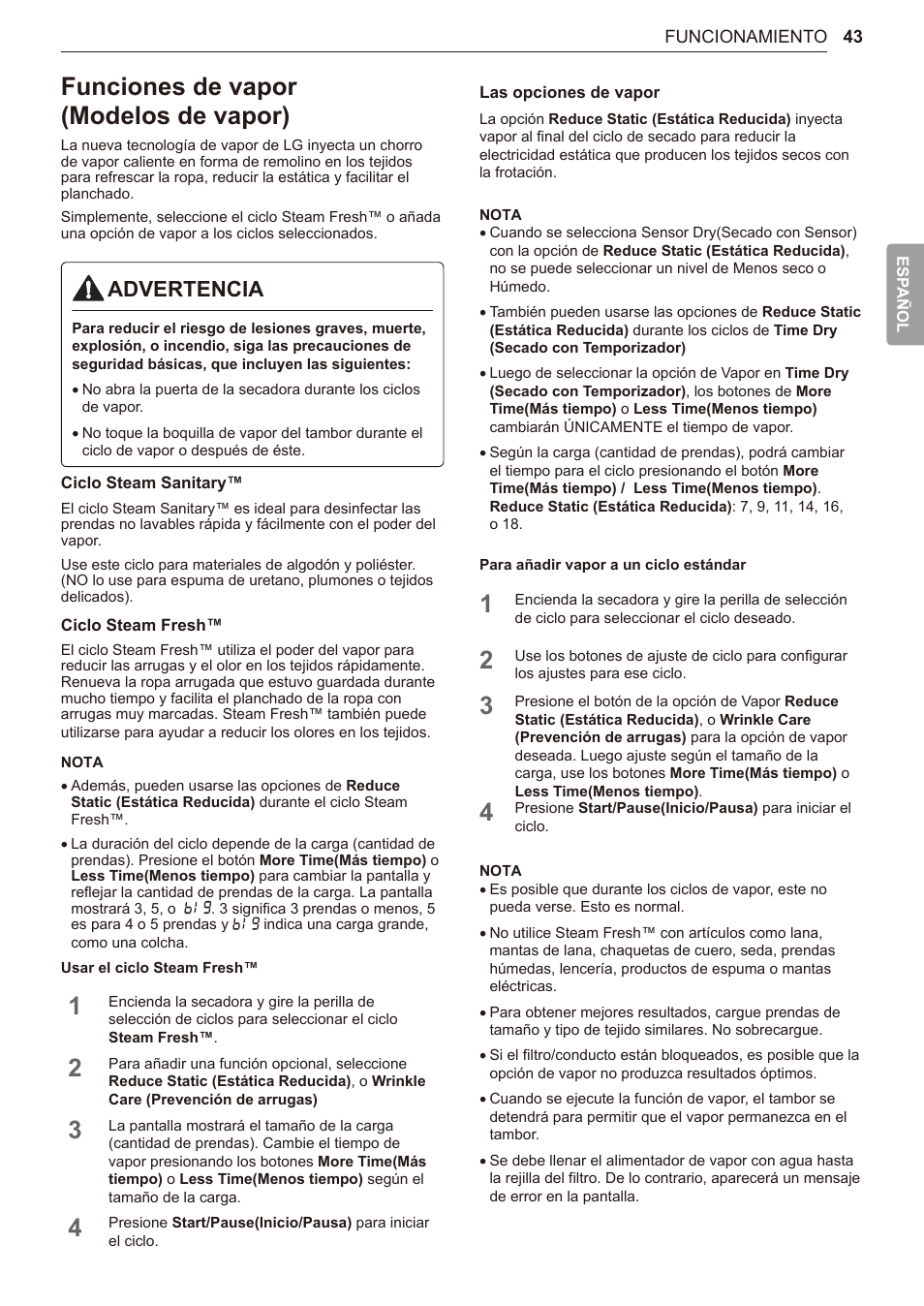 Funciones de vapor(modelos de vapor), 43 funciones de vapor, Modelos de vapor) | Funciones de vapor (modelos de vapor), Advertencia | LG TurboSteam Series 27 Inch Electric Dryer User Manual and Installation Guide User Manual | Page 105 / 124