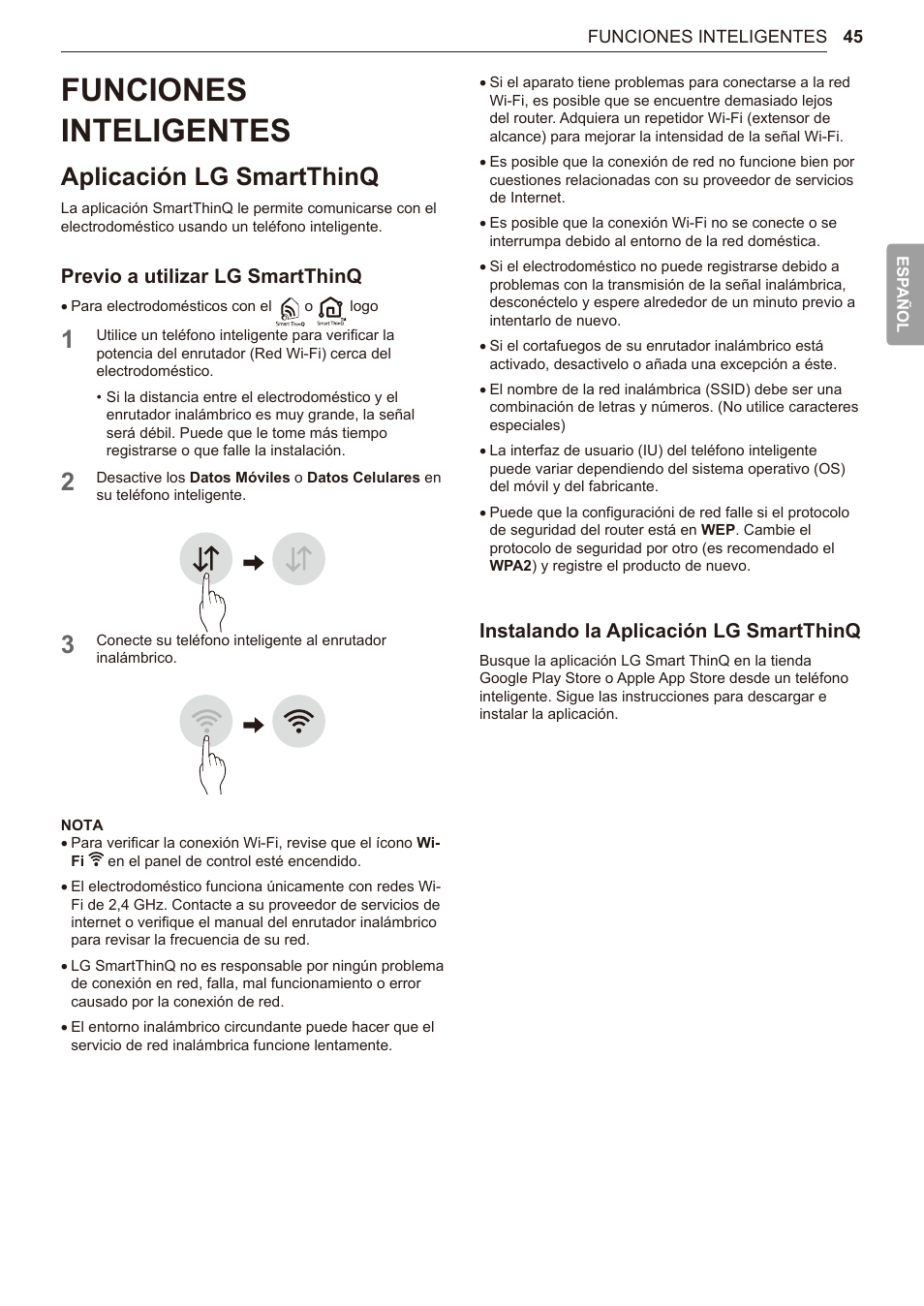 Funciones inteligentes, Aplicación lg smartthinq, 45 funciones inteligentes | 45 aplicación lg smartthinq, Previo a utilizar lg smartthinq, Instalando la aplicación lg smartthinq | LG TurboSteam Series 27 Inch Electric Dryer User Manual and Installation Guide User Manual | Page 107 / 124