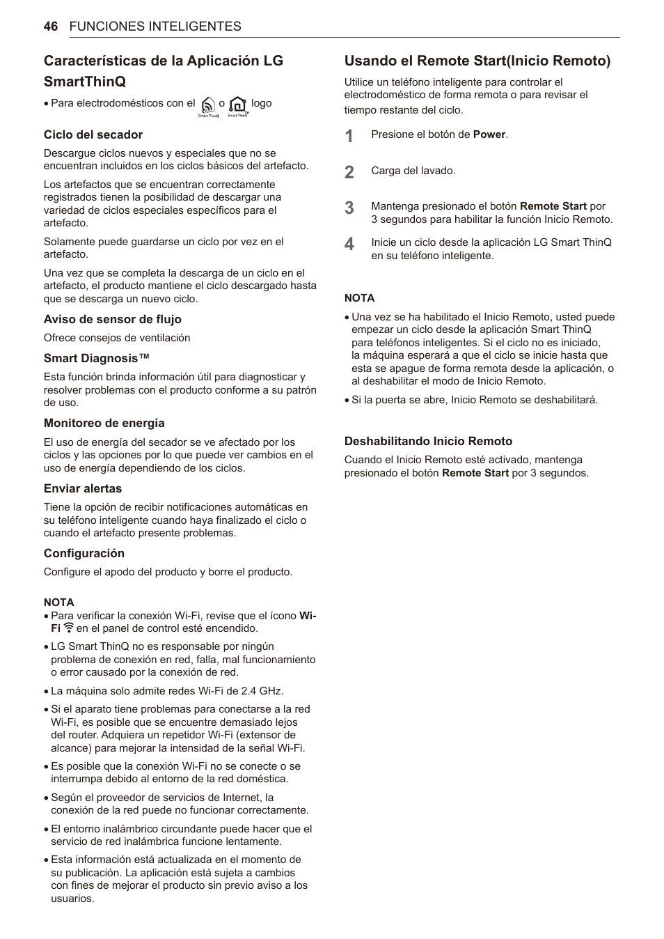 Características de la aplicación lg smartthinq, Usando el remote start(inicio remoto) | LG TurboSteam Series 27 Inch Electric Dryer User Manual and Installation Guide User Manual | Page 108 / 124