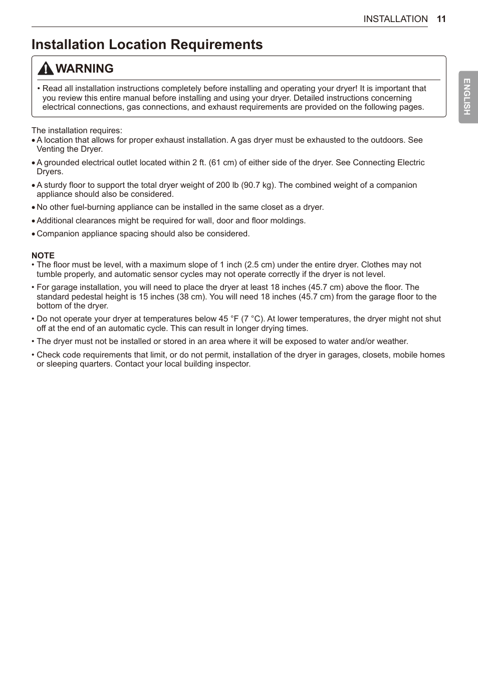 Installation location requirements, 11 installation location requirements, Warning | LG TurboSteam Series 27 Inch Electric Dryer User Manual and Installation Guide User Manual | Page 11 / 124