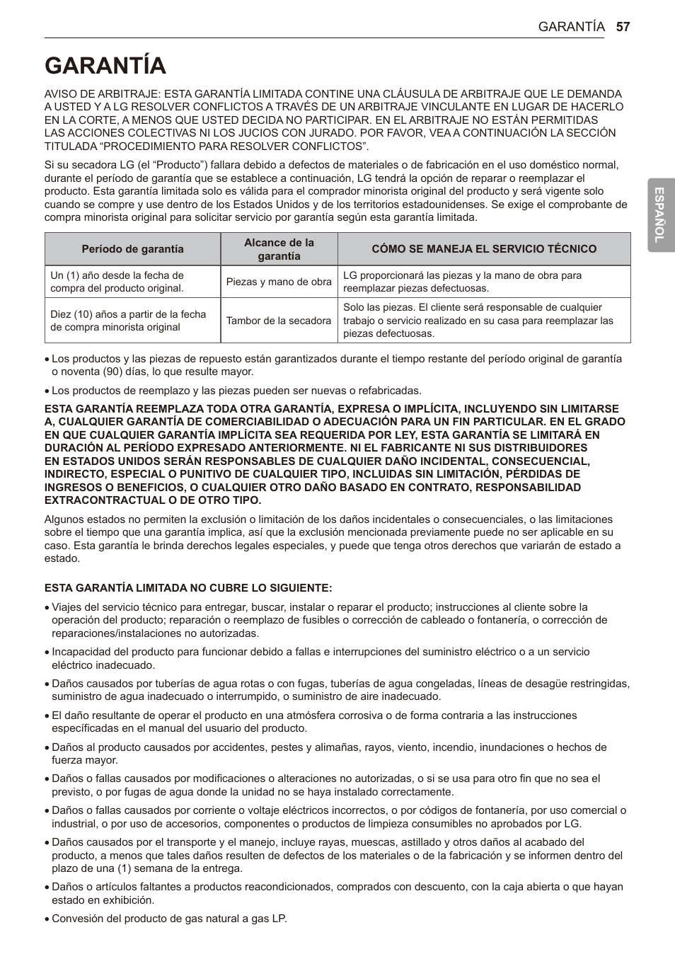 Garantía, 57 garantía | LG TurboSteam Series 27 Inch Electric Dryer User Manual and Installation Guide User Manual | Page 119 / 124