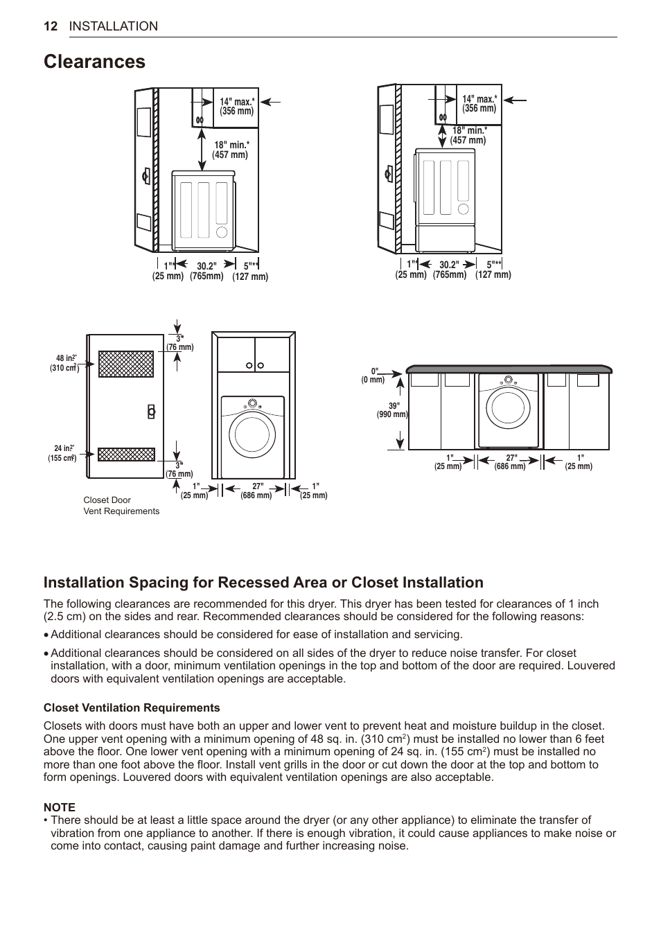 Clearances, 12 clearances, 12 installation | LG TurboSteam Series 27 Inch Electric Dryer User Manual and Installation Guide User Manual | Page 12 / 124