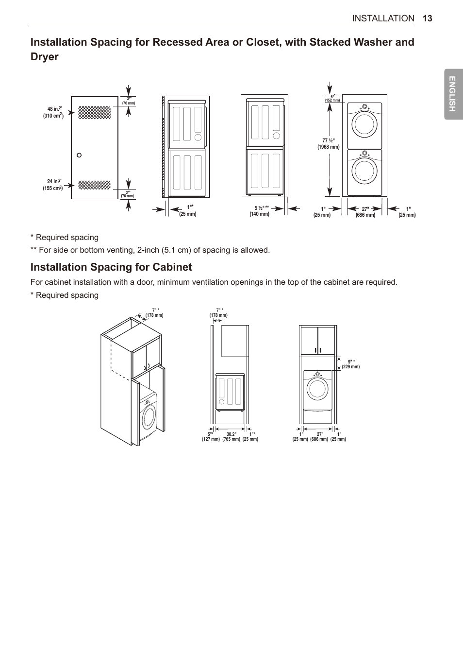 Installation spacing for cabinet, 13 installation, English | LG TurboSteam Series 27 Inch Electric Dryer User Manual and Installation Guide User Manual | Page 13 / 124