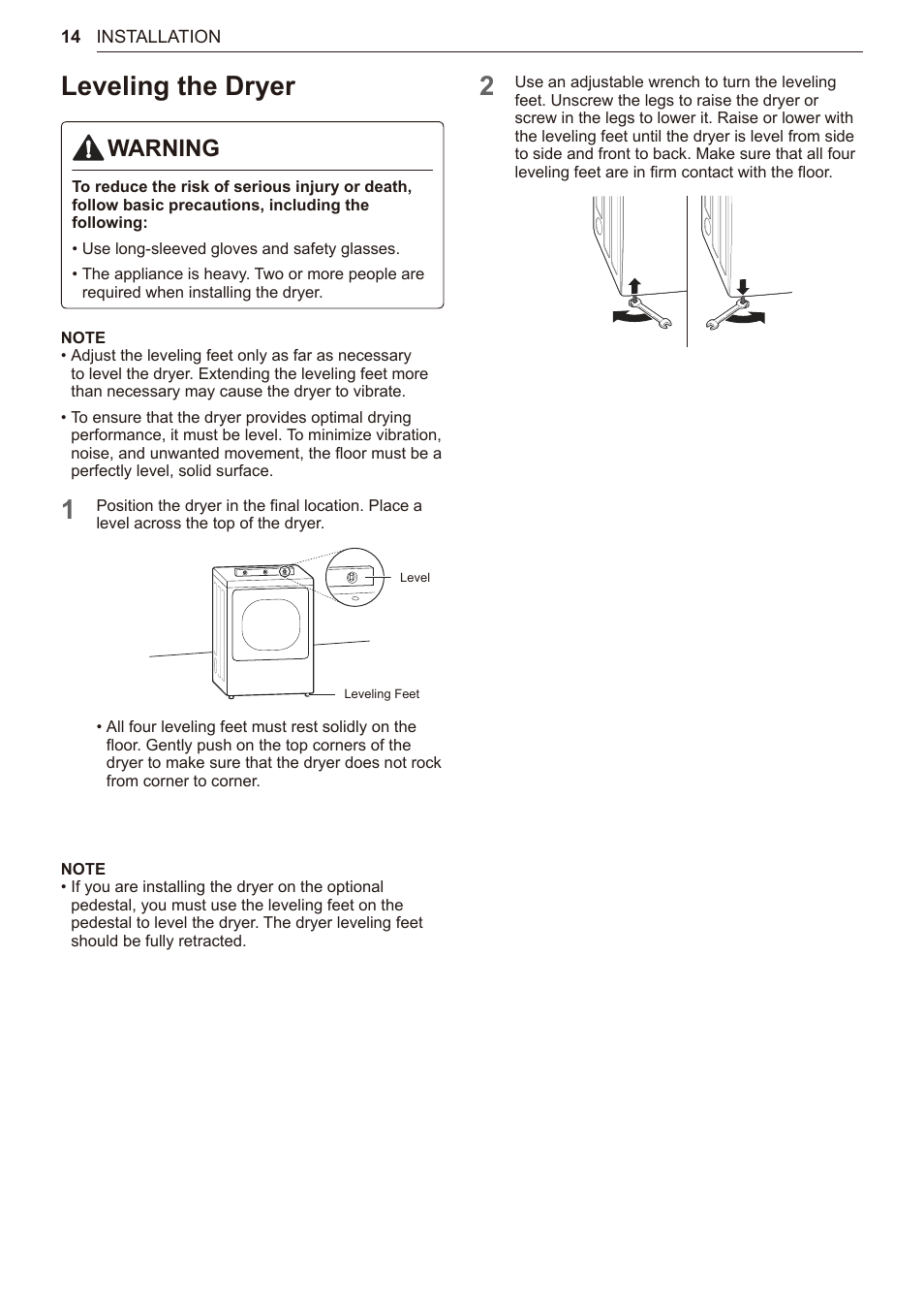 Leveling the dryer, 14 leveling the dryer, Warning | LG TurboSteam Series 27 Inch Electric Dryer User Manual and Installation Guide User Manual | Page 14 / 124