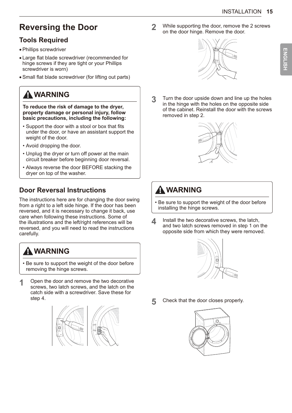 Reversing the door, 15 reversing the door, Warning | Tools required, Door reversal instructions | LG TurboSteam Series 27 Inch Electric Dryer User Manual and Installation Guide User Manual | Page 15 / 124