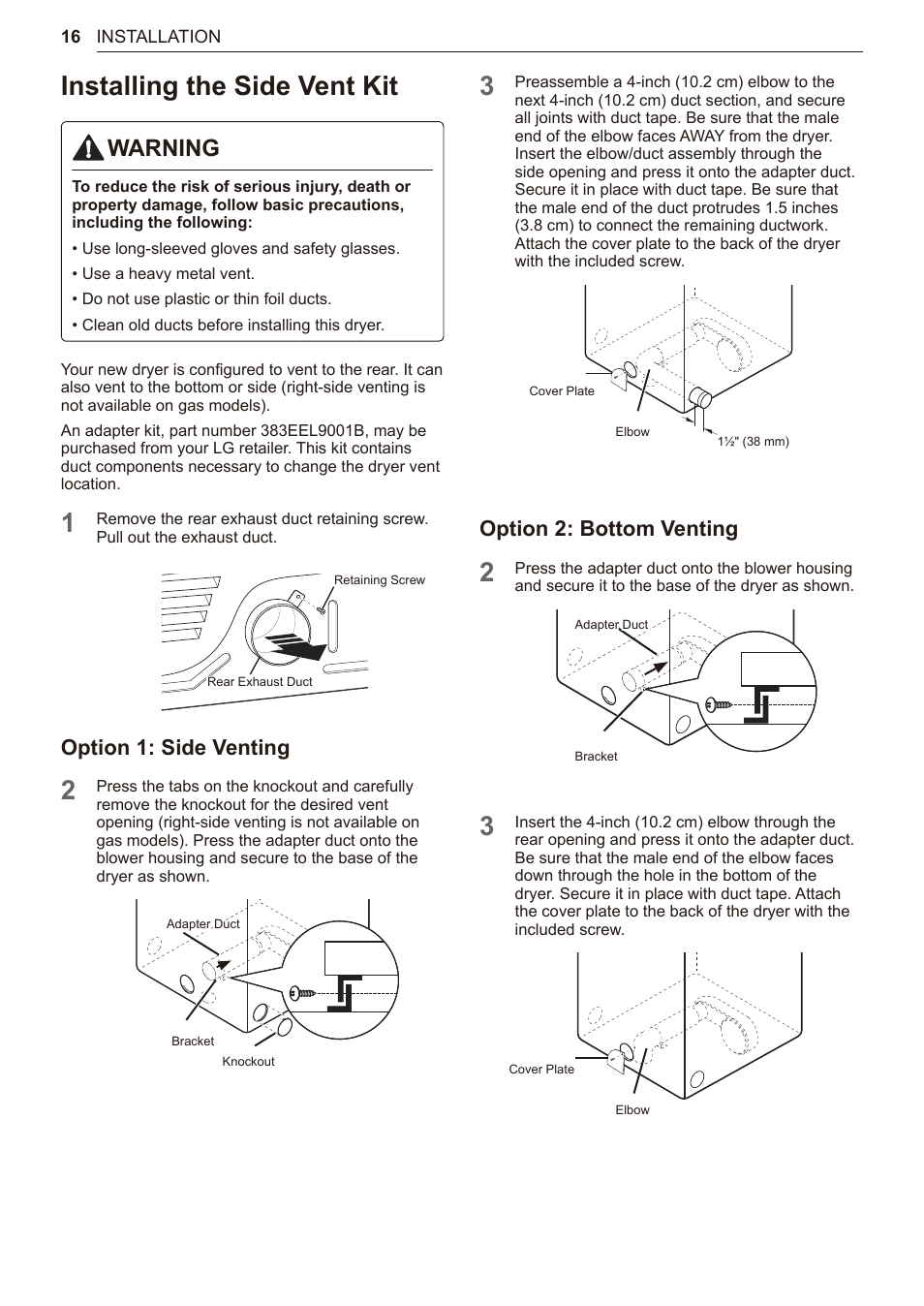 Installing the side vent kit, 16 installing the side vent kit, Warning | Option 1: side venting, Option 2: bottom venting | LG TurboSteam Series 27 Inch Electric Dryer User Manual and Installation Guide User Manual | Page 16 / 124