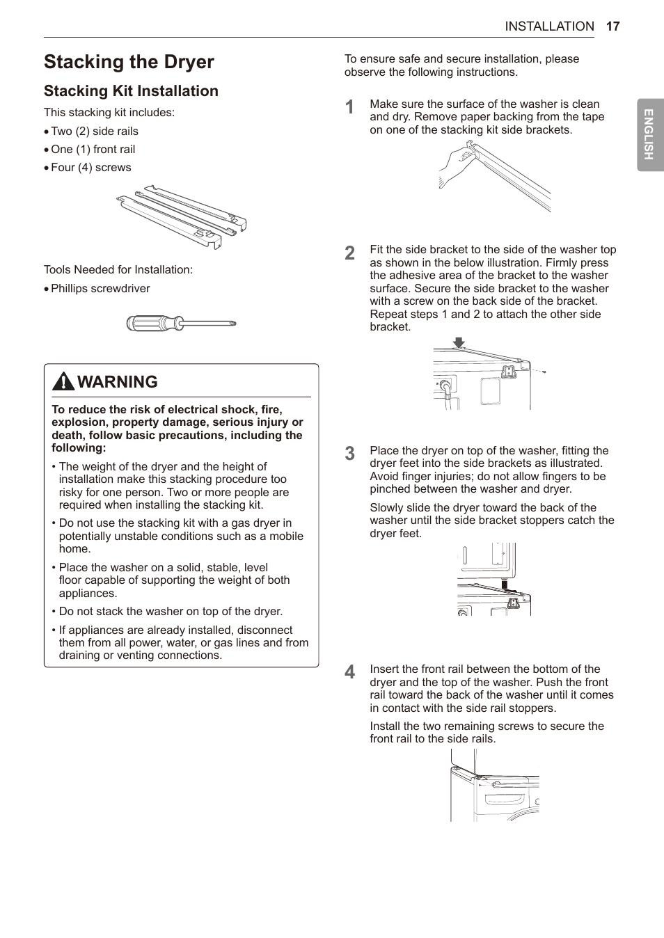 Stacking the dryer, 17 stacking the dryer, Warning | Stacking kit installation | LG TurboSteam Series 27 Inch Electric Dryer User Manual and Installation Guide User Manual | Page 17 / 124